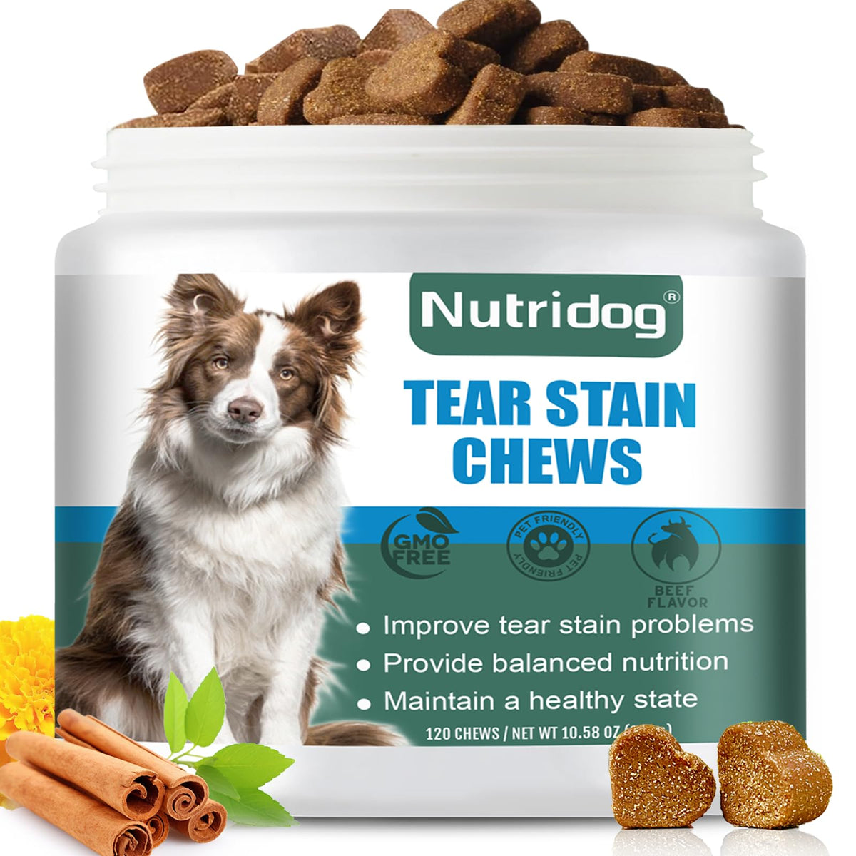 Nutridog: boîte 120 friandises boeuf, rangement facile et approvisionnement durable.