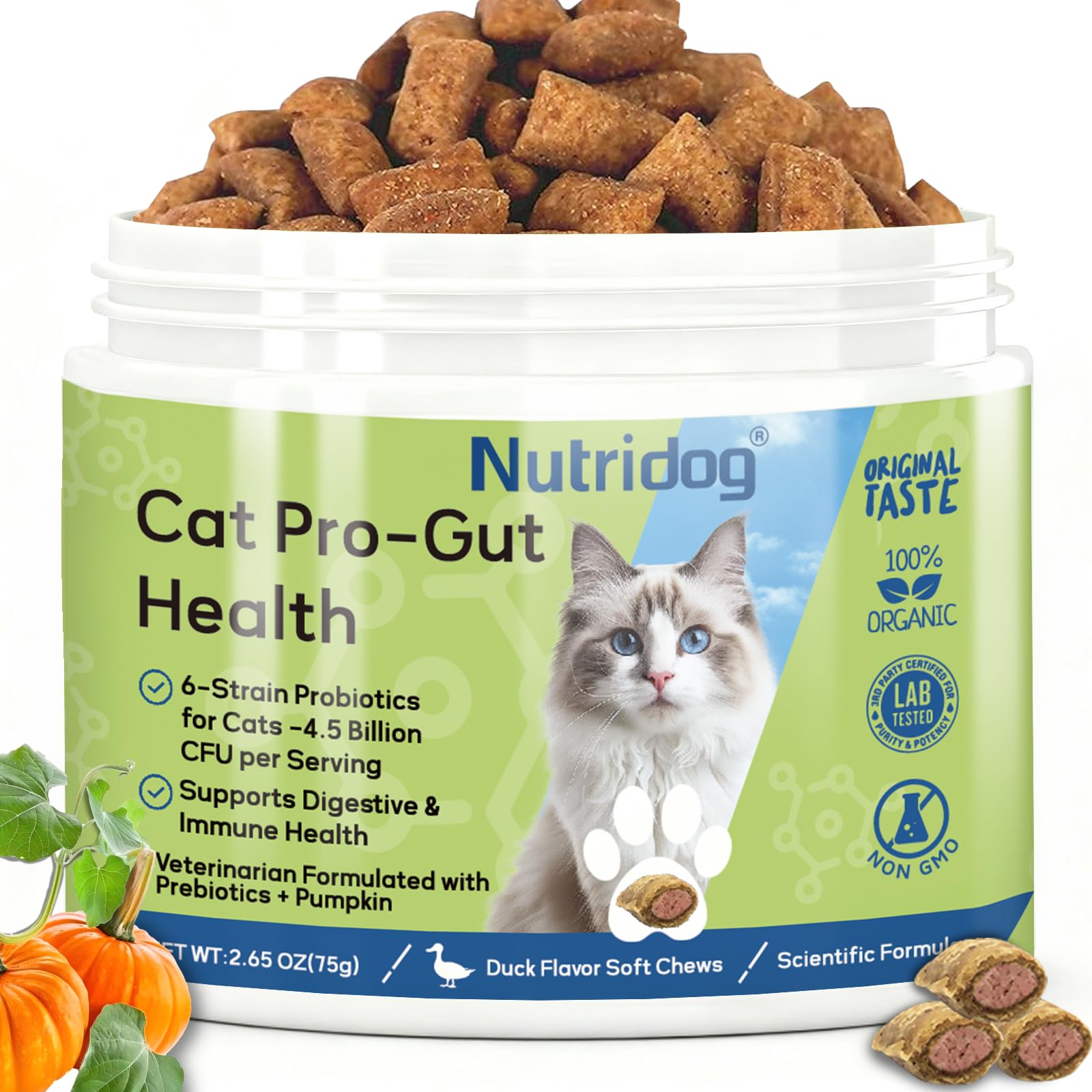 Nutridog Probiotiques pour chats — emballage texture double, dégustation facile