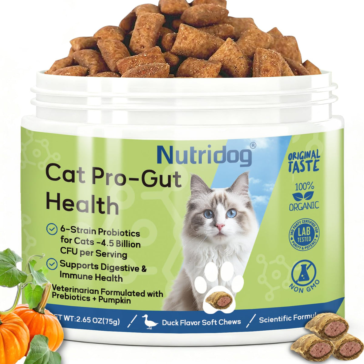 Nutridog Probiotiques pour chats — emballage texture double, dégustation facile