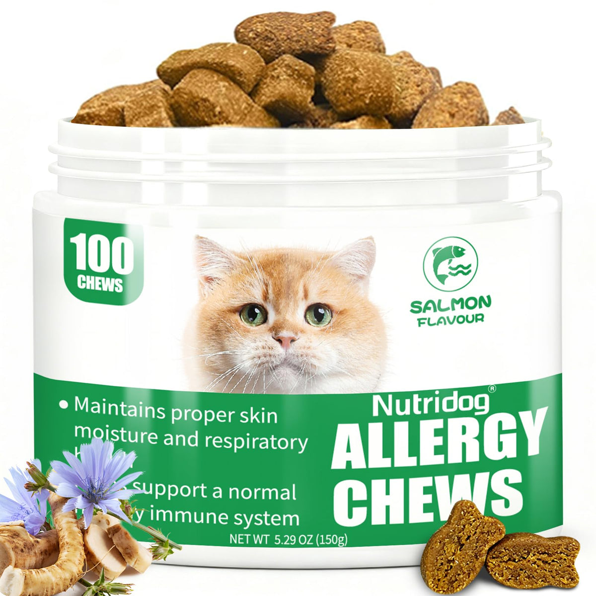 Friandises Nutridog chat-relief-allergie, emballage pratique pour usage quotidien.