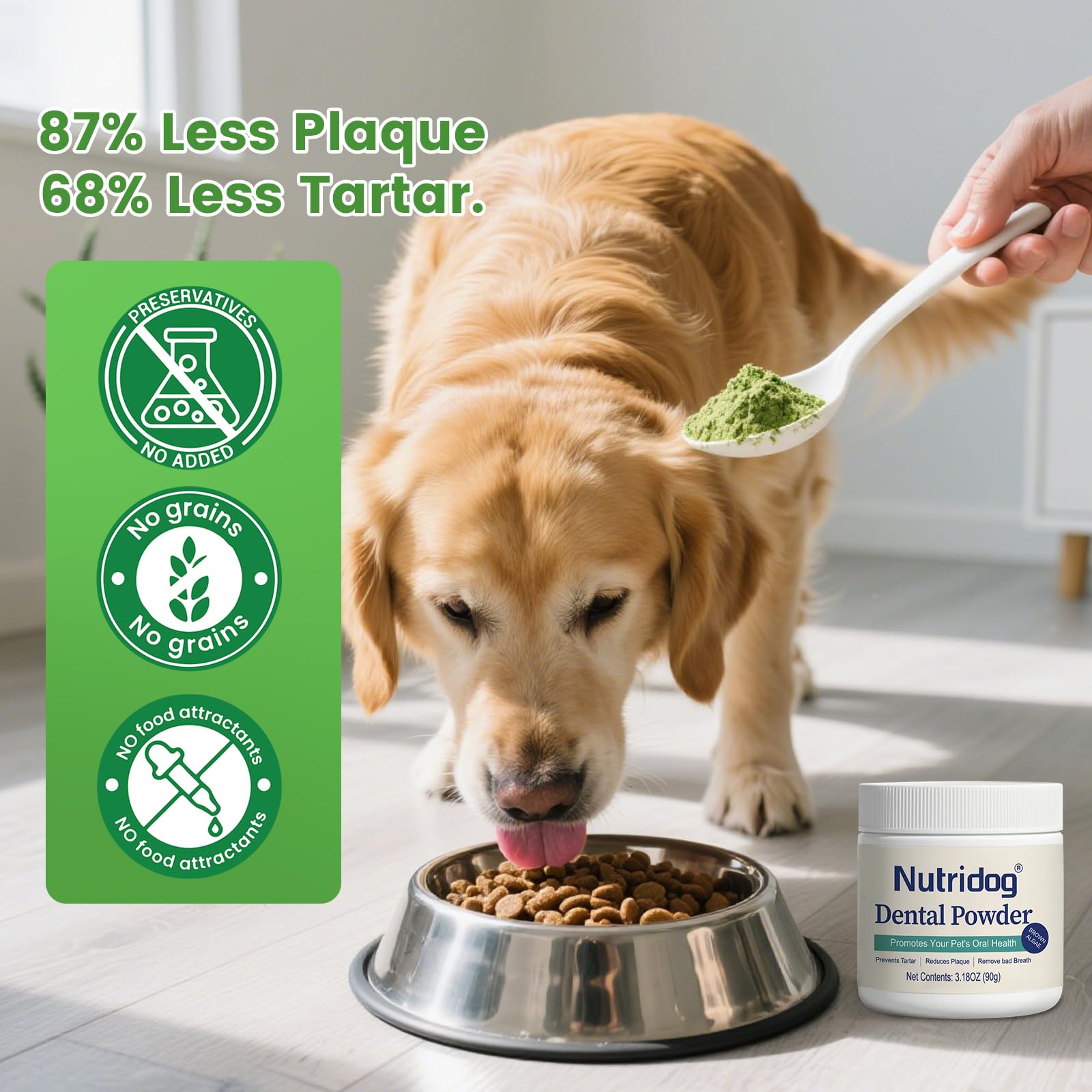 Nutridog poudre dentaires sans additifs artificiels ni colorants.