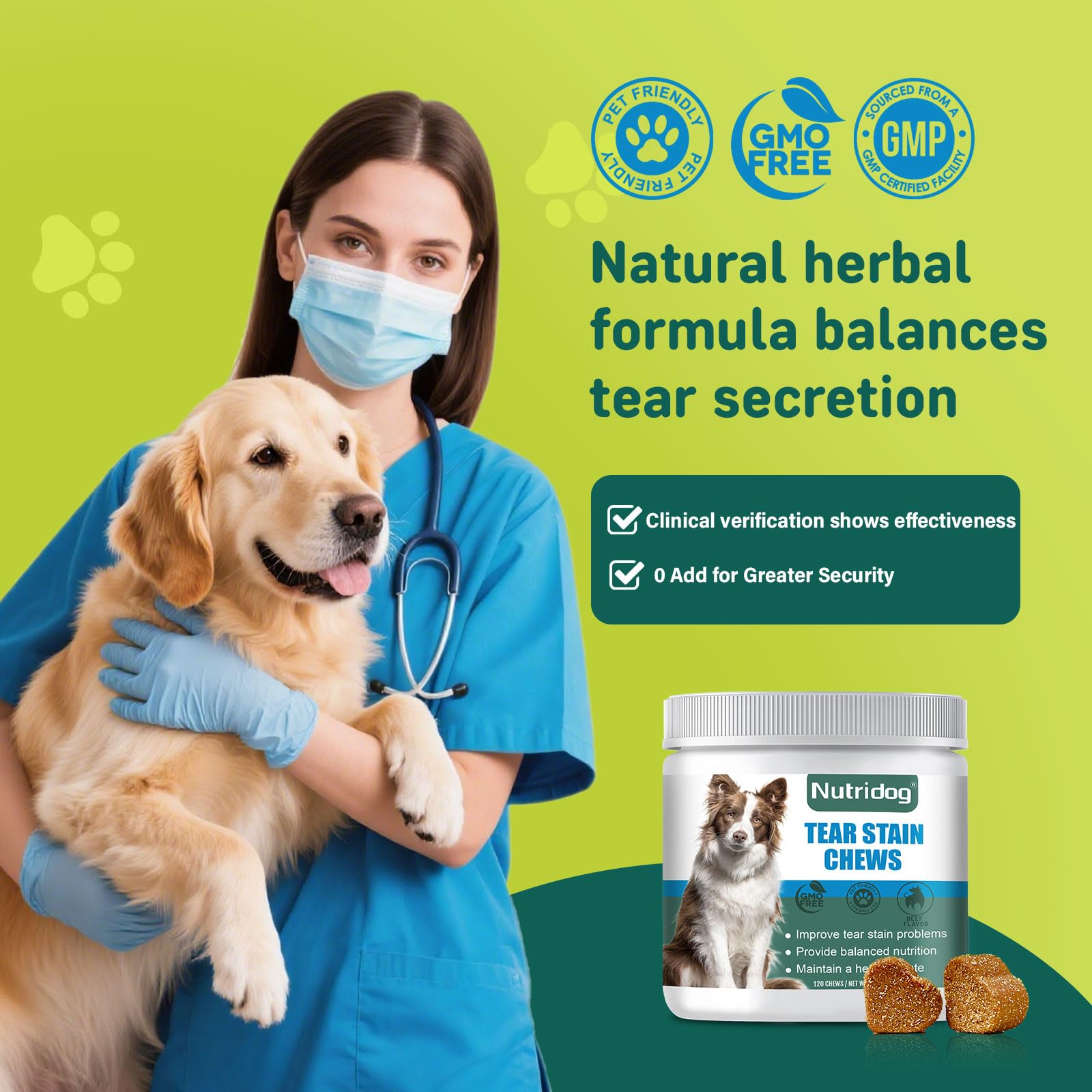 Nutridog sans antibiotiques, sans blé et sans colorants artificiels pour chiens sensibles.