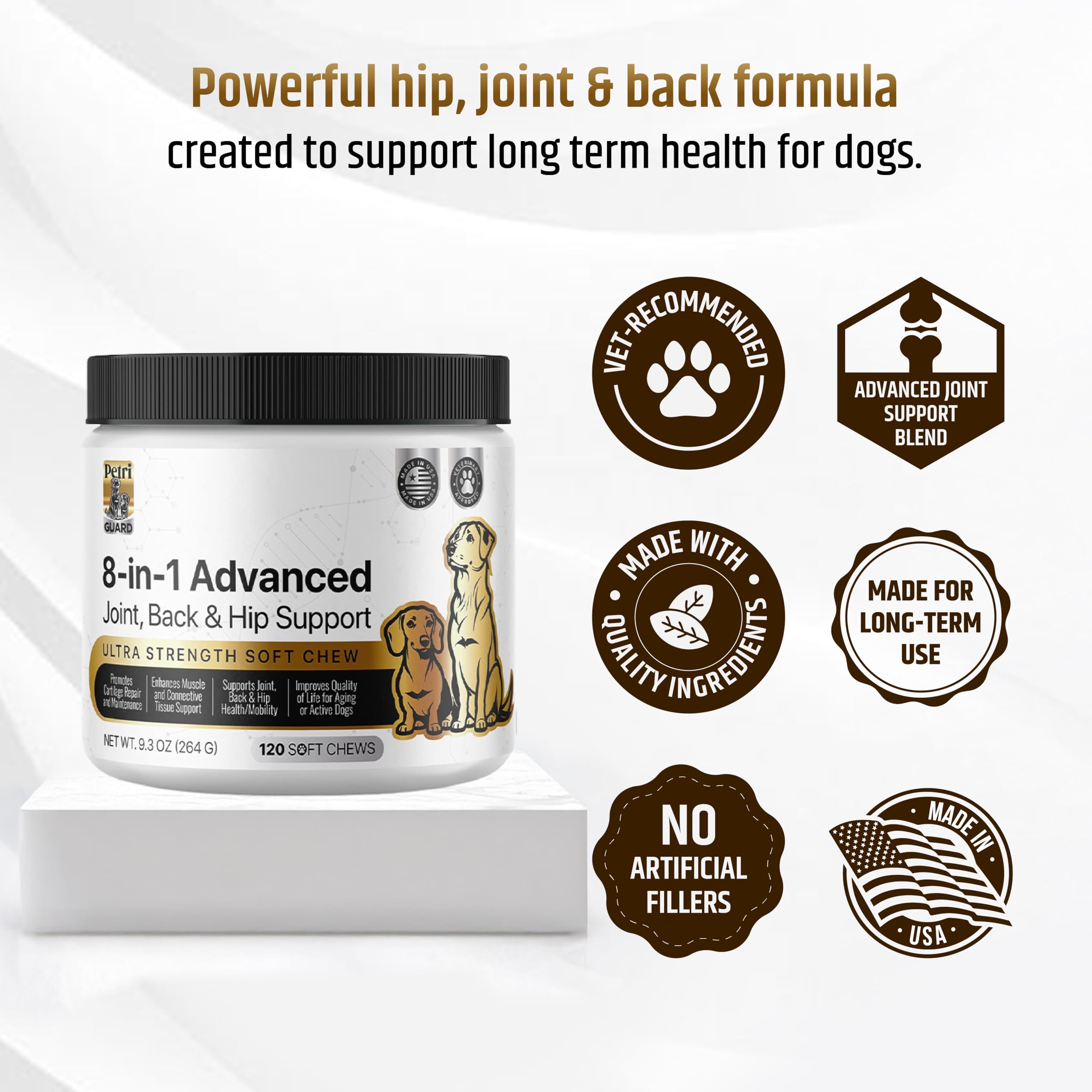 Nutrimend IQ PetriGuard soutien pour chiens seniors actifs et dignes.