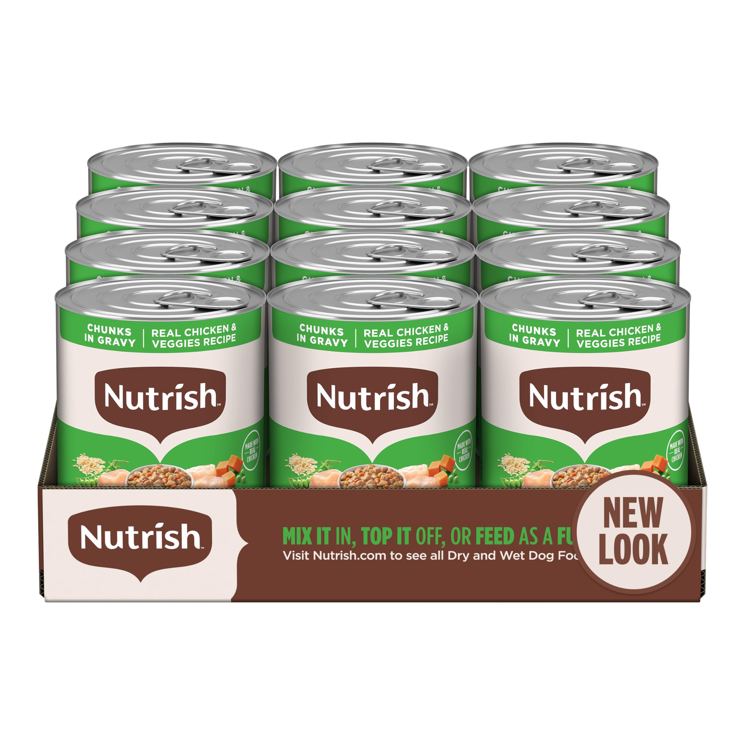 Nutrish - Boîte-conserve poulet et légumes visibles dans une sauce savoureuse, repas complet.