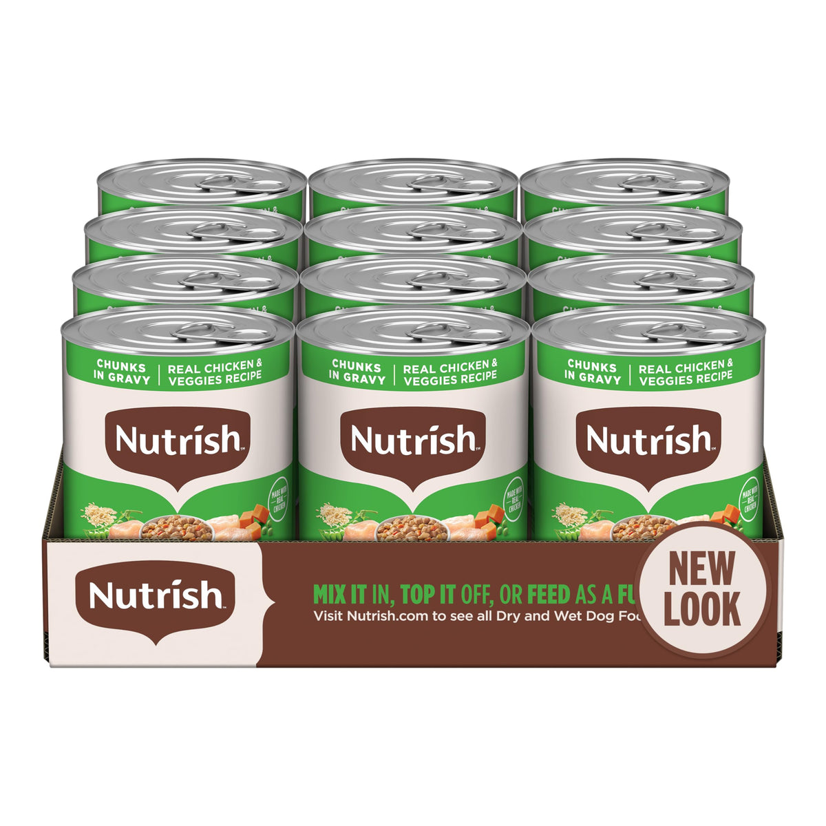 Nutrish - Boîte-conserve poulet et légumes visibles dans une sauce savoureuse, repas complet.