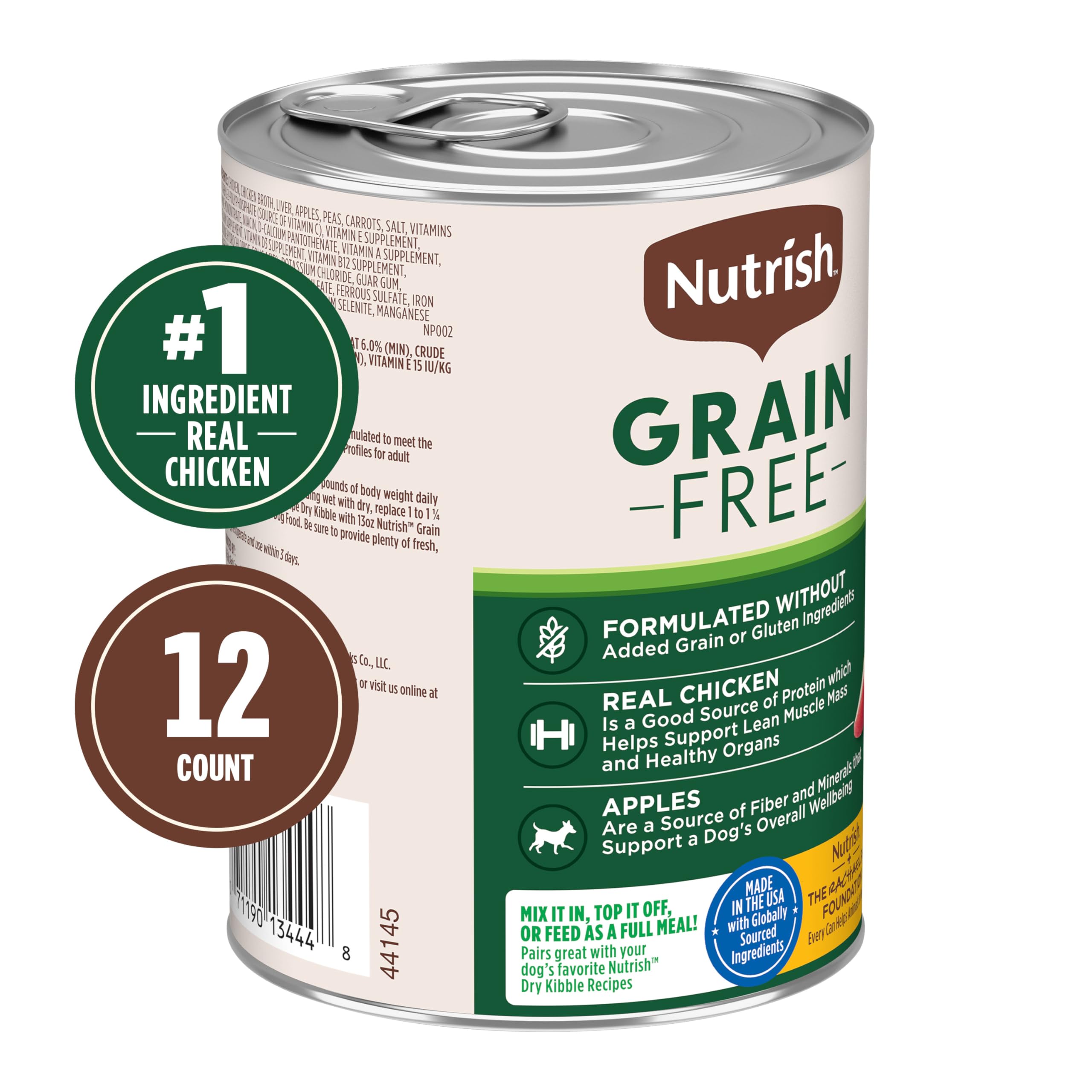Nutrish boîte pâté poulet-pomme 13oz, présentation prête à servir en repas complet.