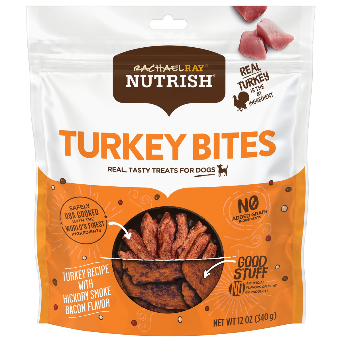 Nutrish Bouchées Dinde au Bacon Fumé dans un sac pratique.