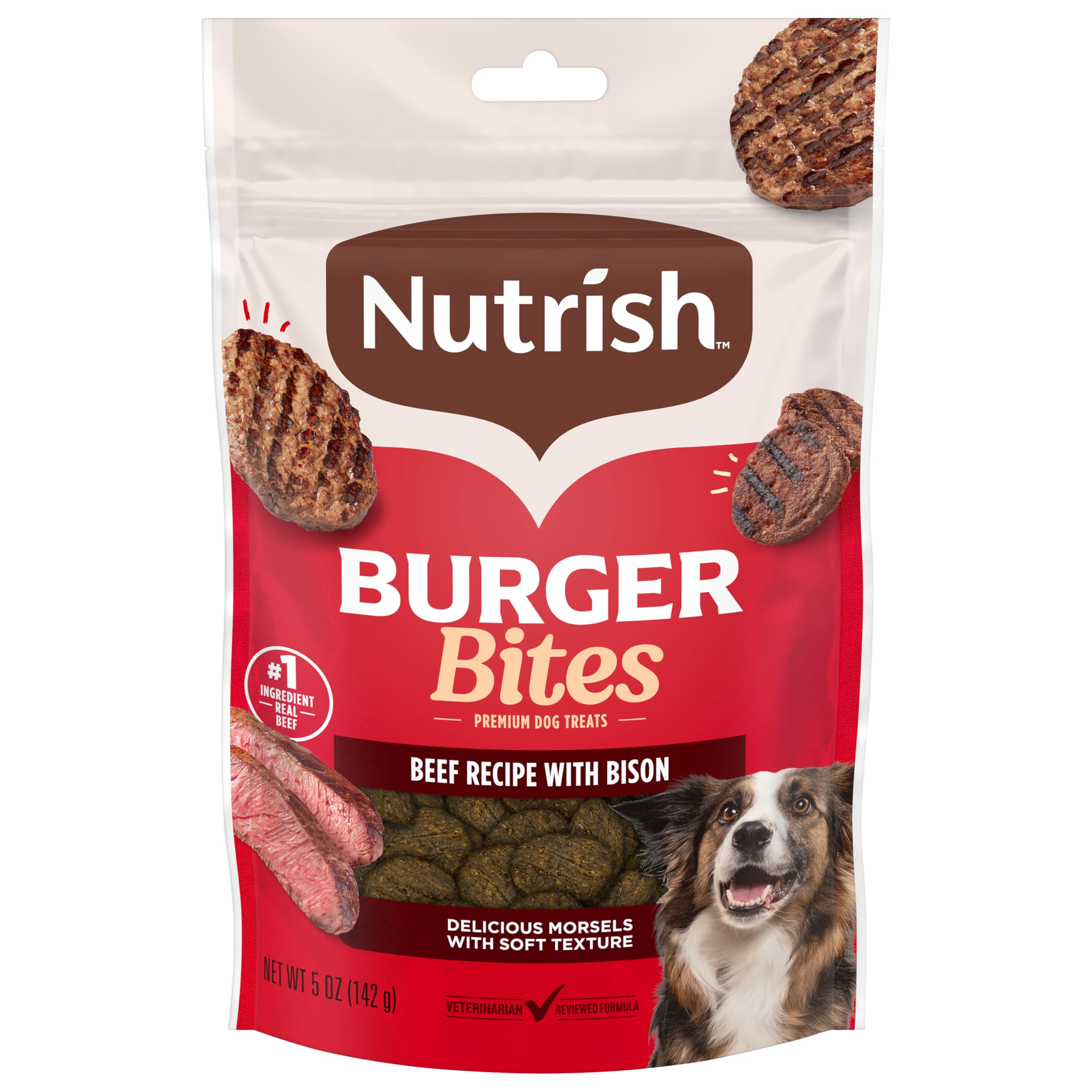 Nutrish Burger Bites avec boeuf et bison, sachet refermable pour des friandises fraîches.