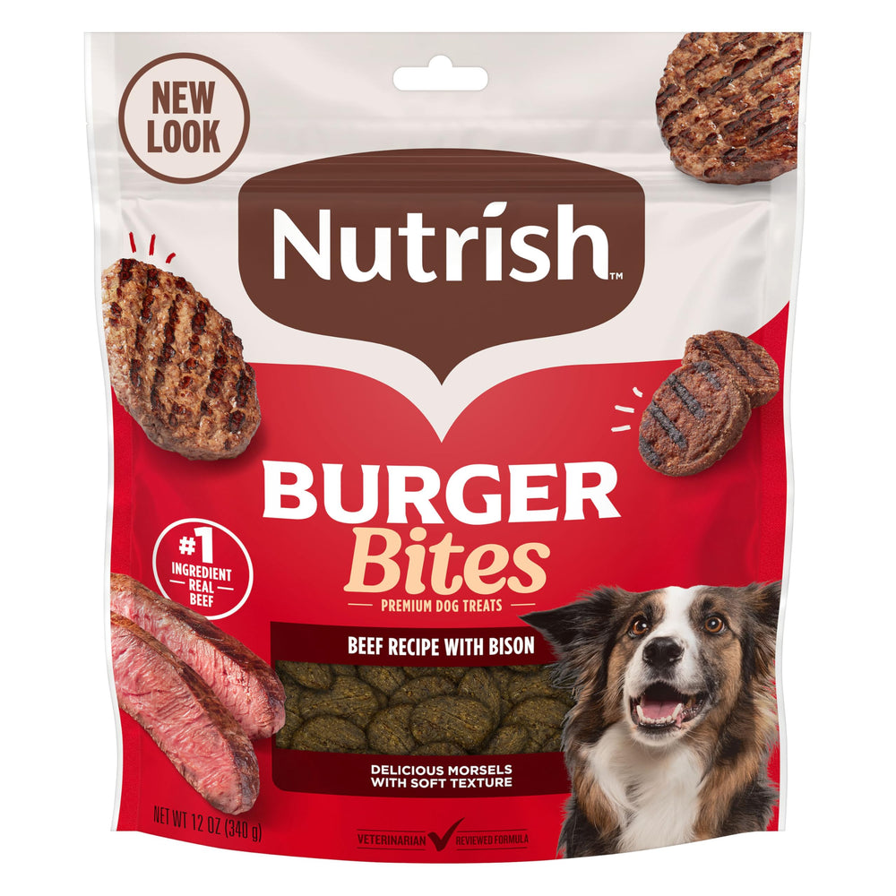 Nutrish Burger Bites boeuf réel et bison de qualité pour chiens.