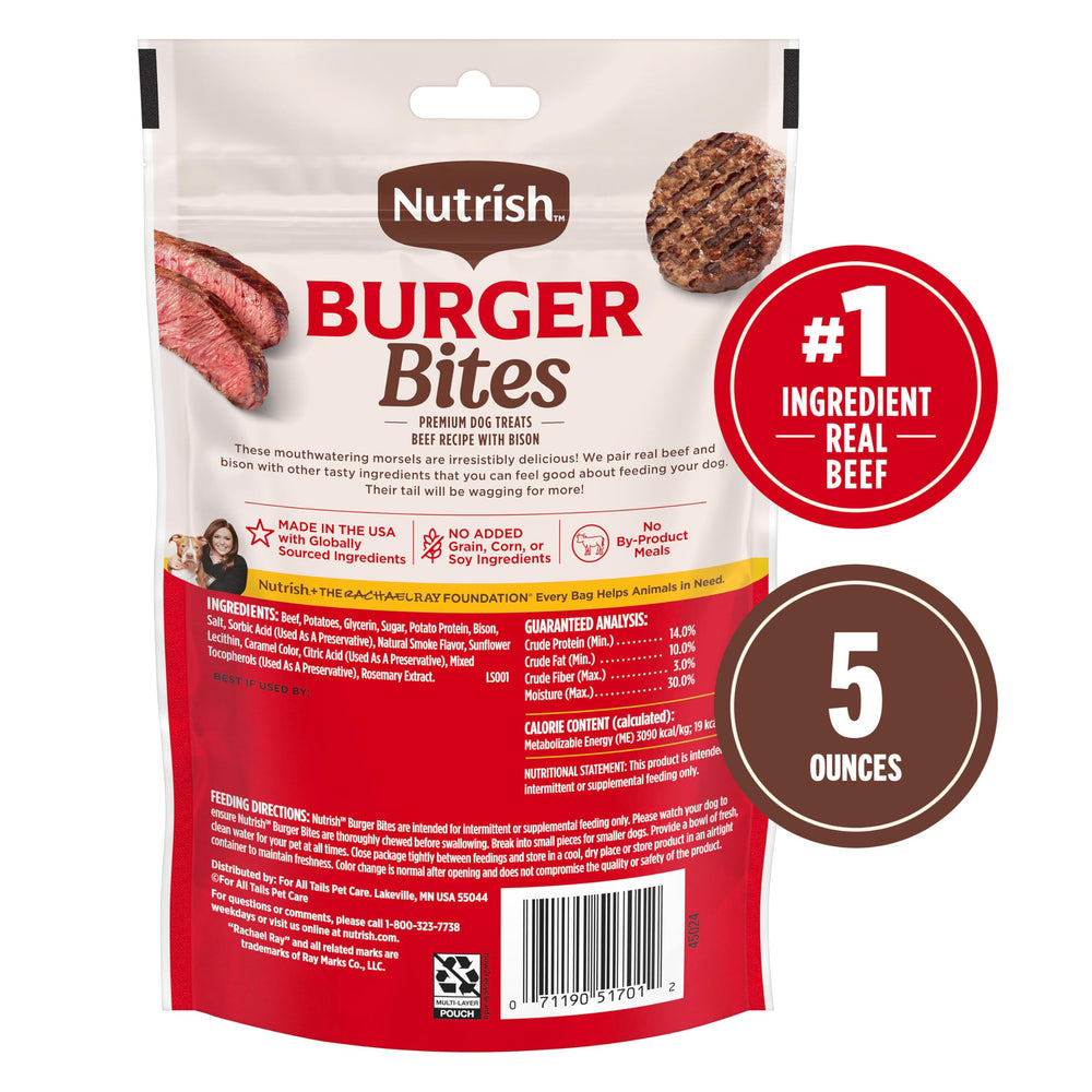 Nutrish Burger Bites : ingrédients réels, boeuf premier ingrédient, pour chien de tout âge.