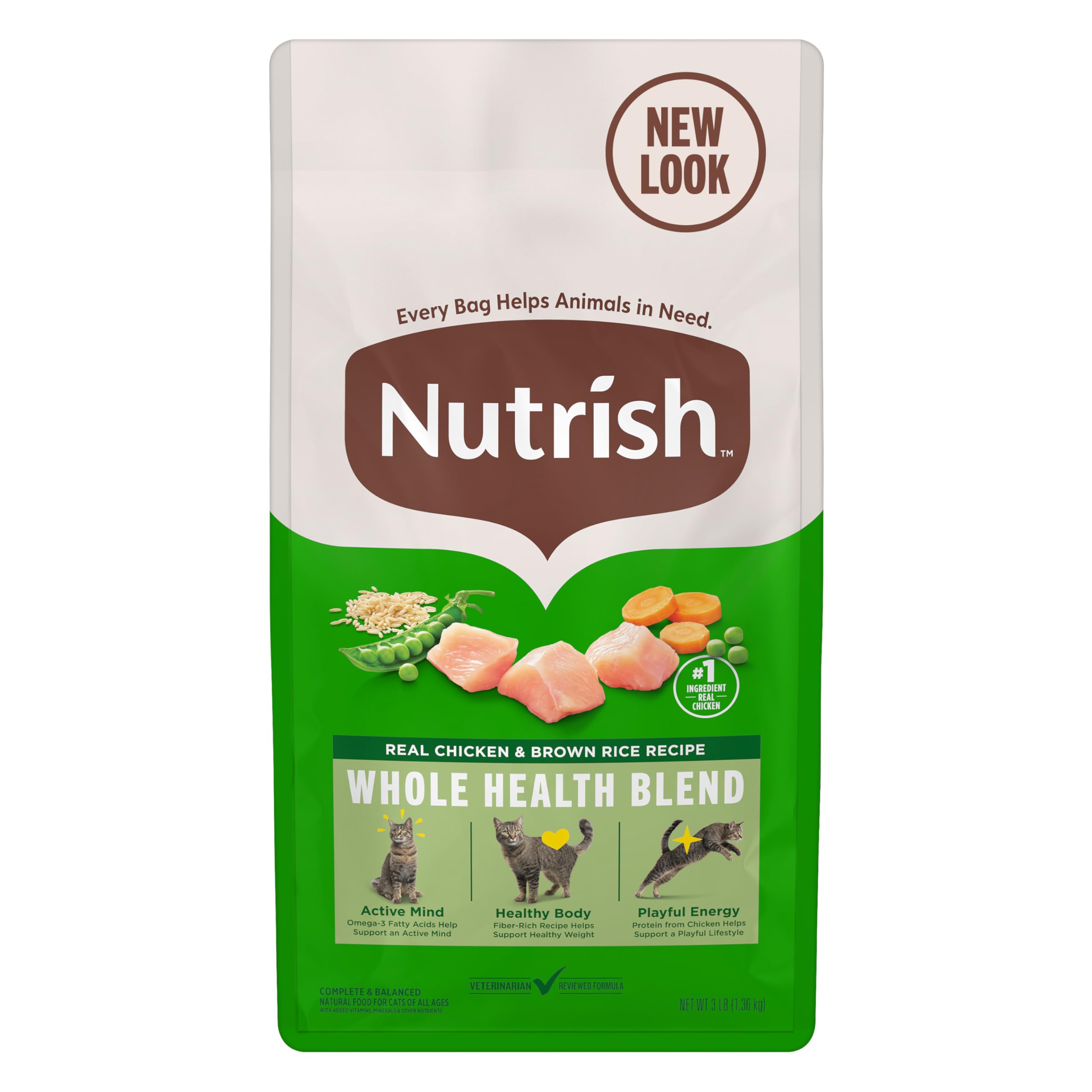 Nutrish chat sec au poulet réel et riz brun, sachet visible, énergie durable.