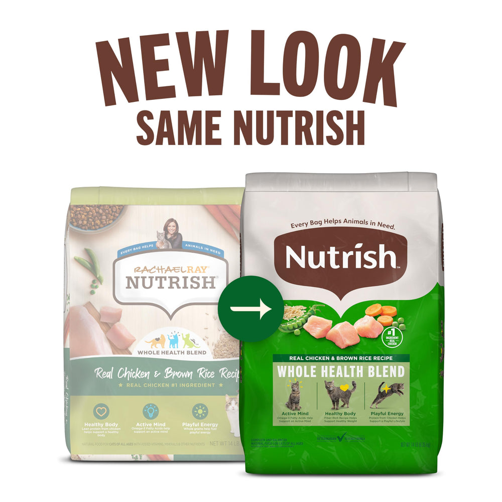 Ingrédients Nutrish: poulet et riz brun pour une alimentation équilibrée du chat.