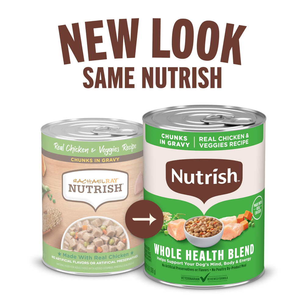 Nutrish - Morceaux de poulet et légumes visibles dans une sauce appétissante.