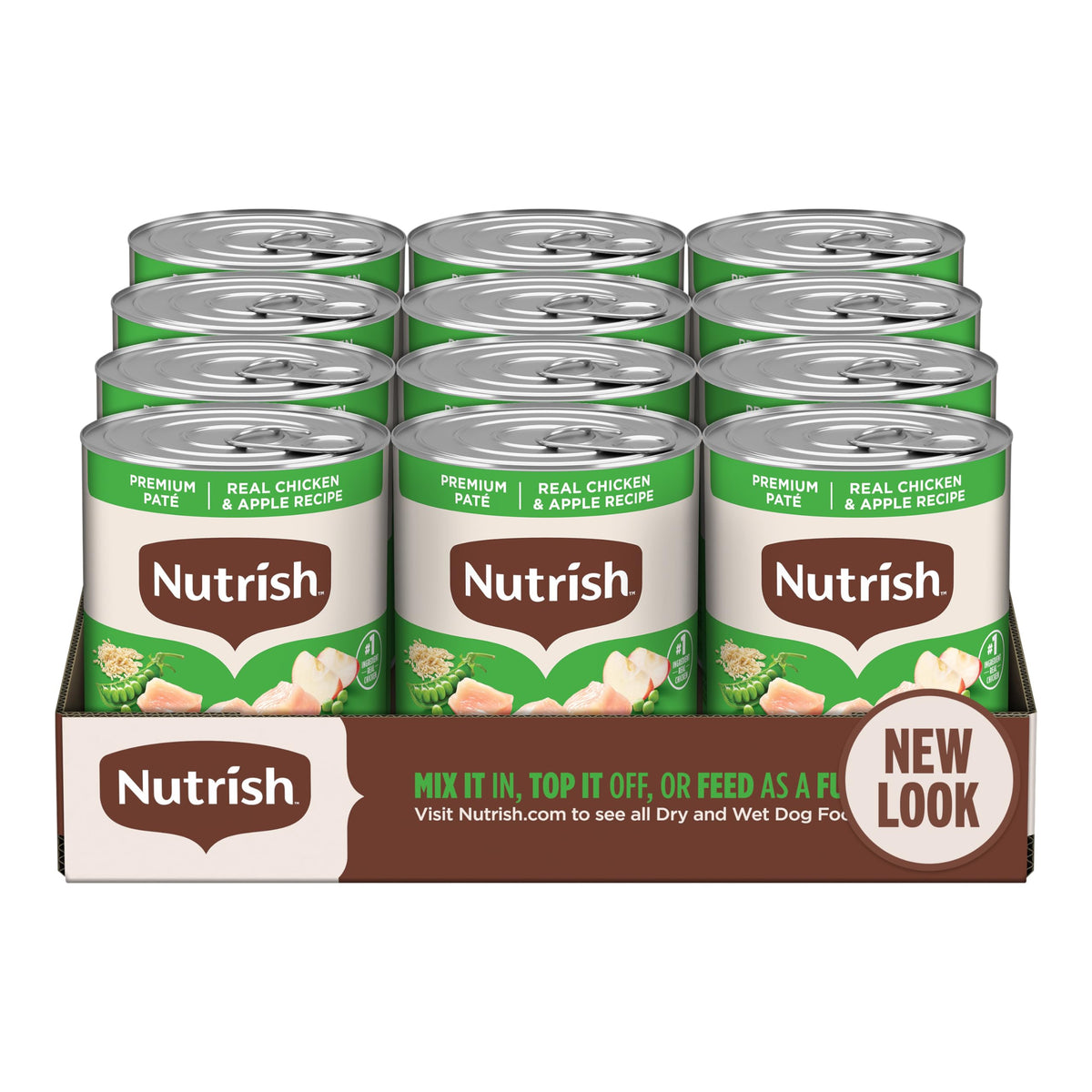 Nutrish pâté poulet et pomme en boîte 13 oz, repas rapide et appétissant.