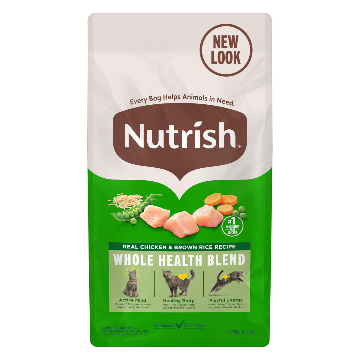 Nutrish croquettes au poulet réel et riz brun pour chat, source de protéines.