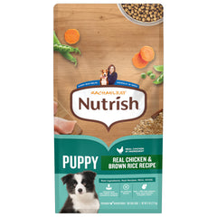 Nutrish Puppy, poulet réel et riz brun dans bol appétissant.