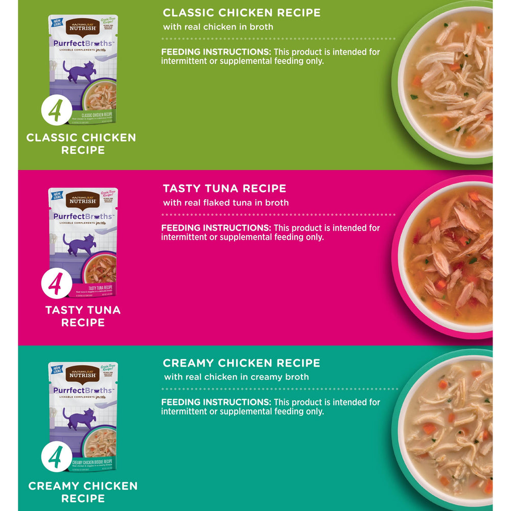 Nutrish Purrfect Broths ouverture facile, sachet pratique pour un service rapide.