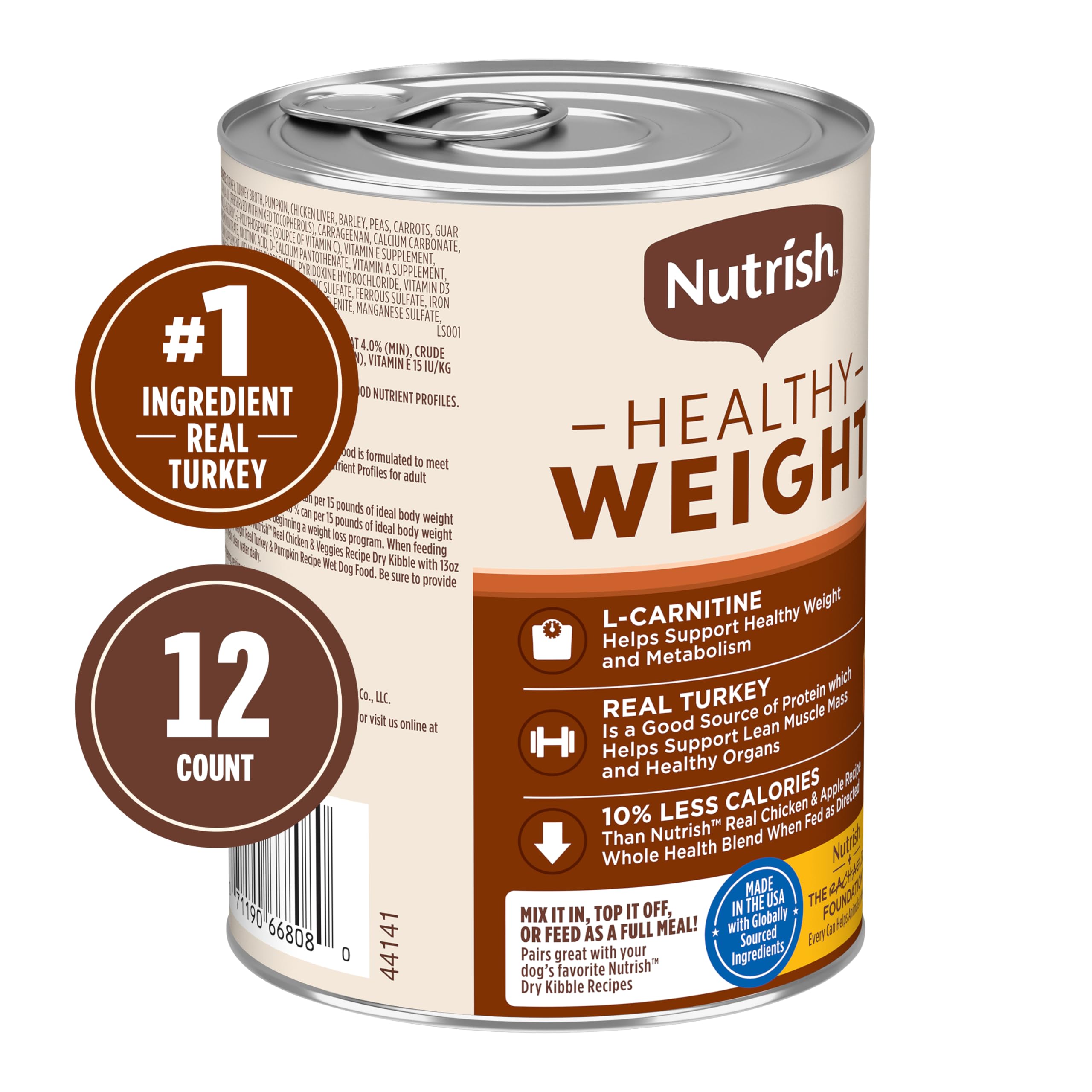 Nutrish Rachael Ray Weight Management, pâté avec dinde et riz brun visibles.
