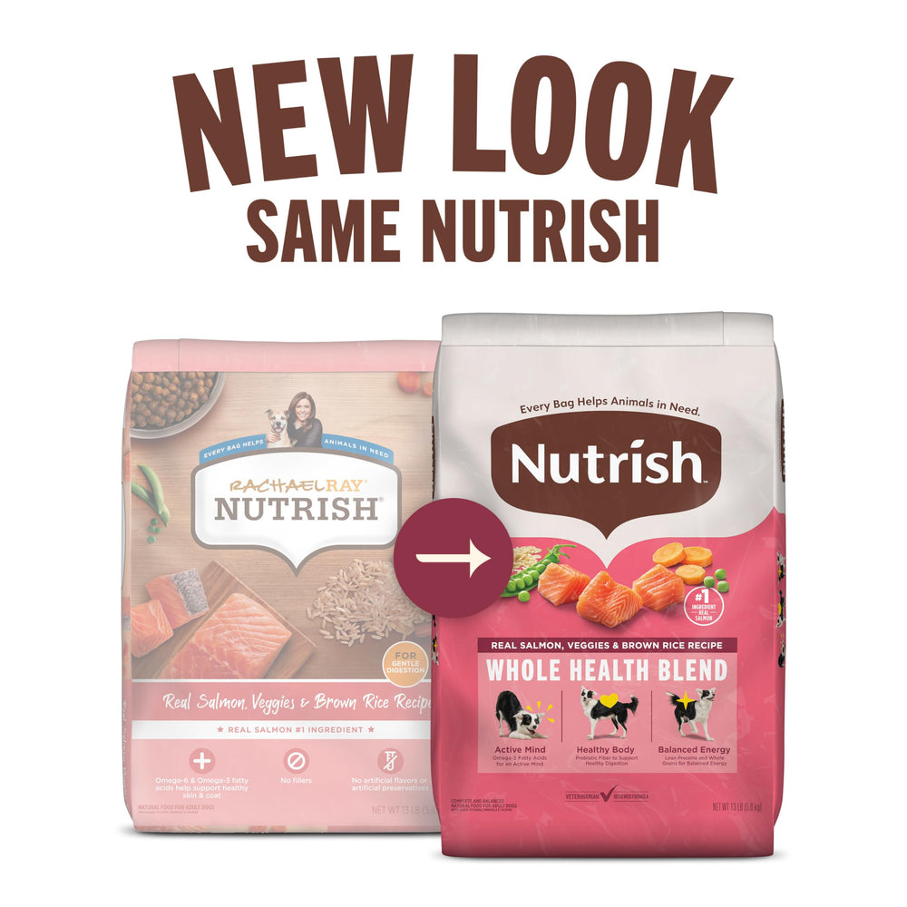 Bol servi avec croquettes Nutrish saumon et légumes, goût appétissant.