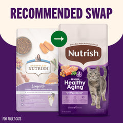 Nutrish Senior Healthy Aging croquettes saumon, protéine digeste pour chats âgés.