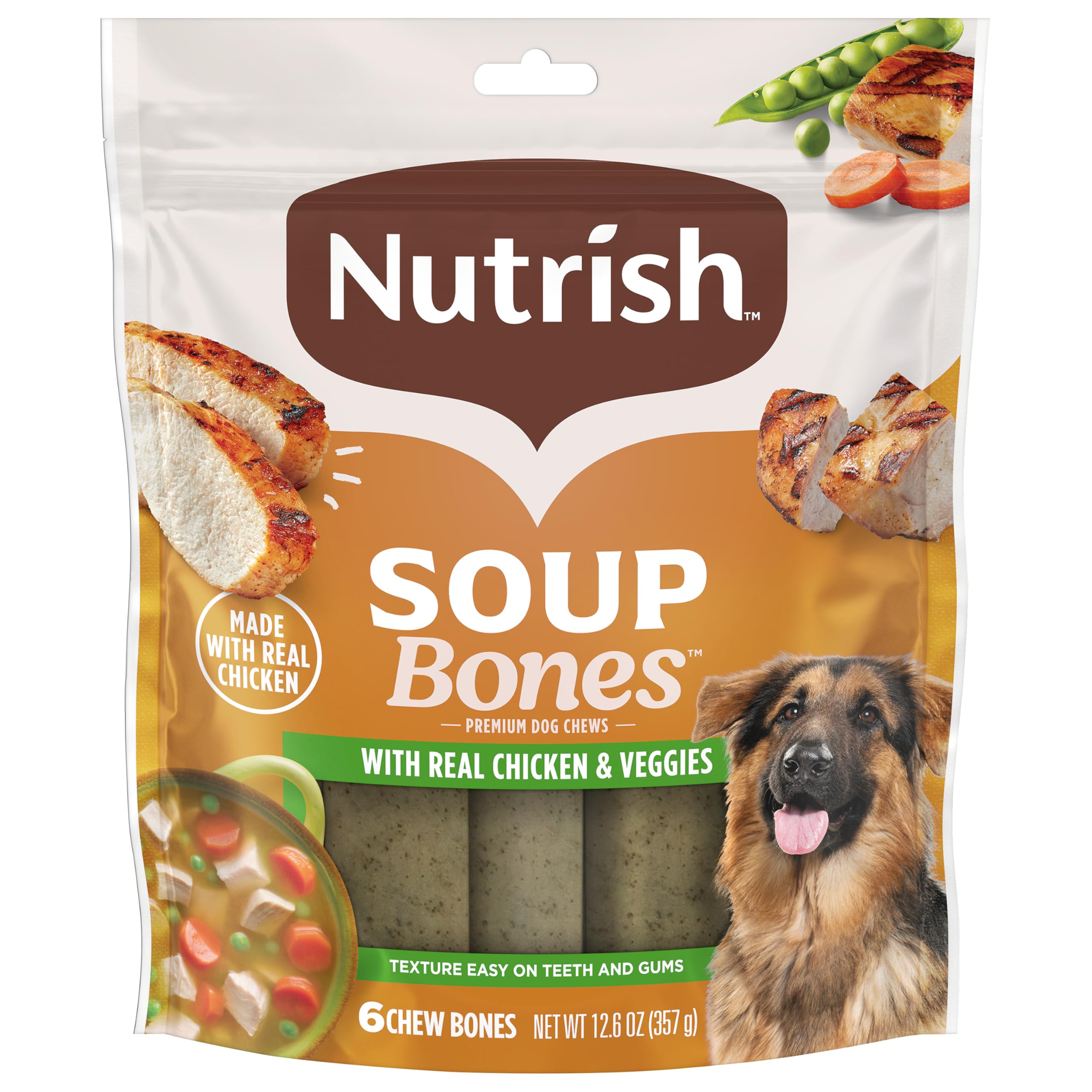 Nutrish Soup Bones emballage refermable avec poulet réel et légumes, idéal pour récompenser votre chien.