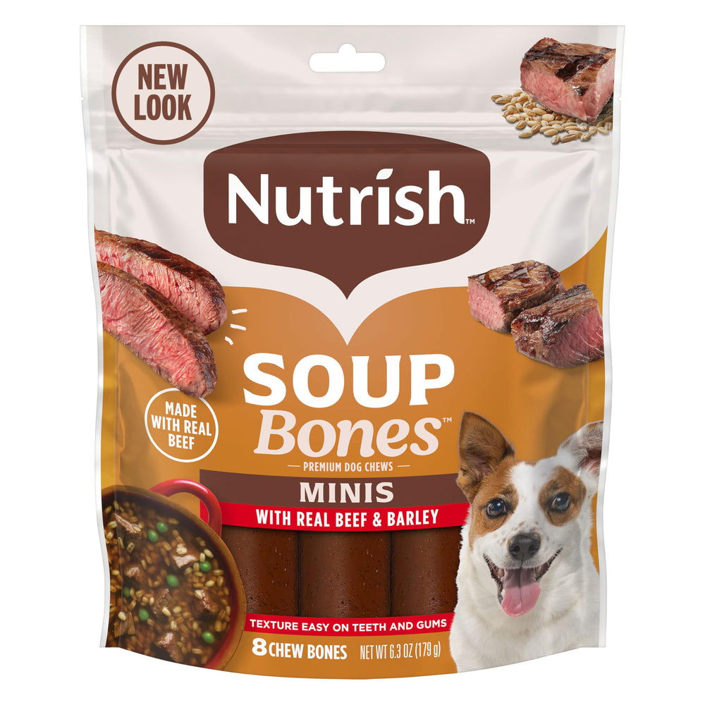 Nutrish Soup Bones Minis dans sac refermable, pratique pour conserver la fraîcheur.