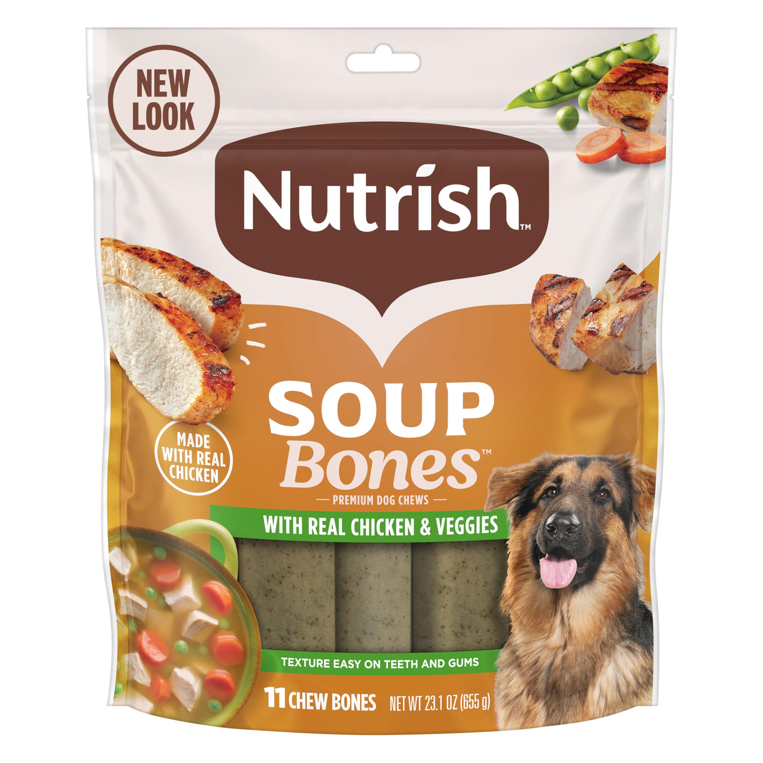 Nutrish Soup Bones montre os poulet reel et legumes, friandise nutritive pour chiens actifs.