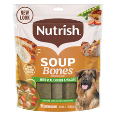 Nutrish Soup Bones montre os poulet reel et legumes, friandise nutritive pour chiens actifs.