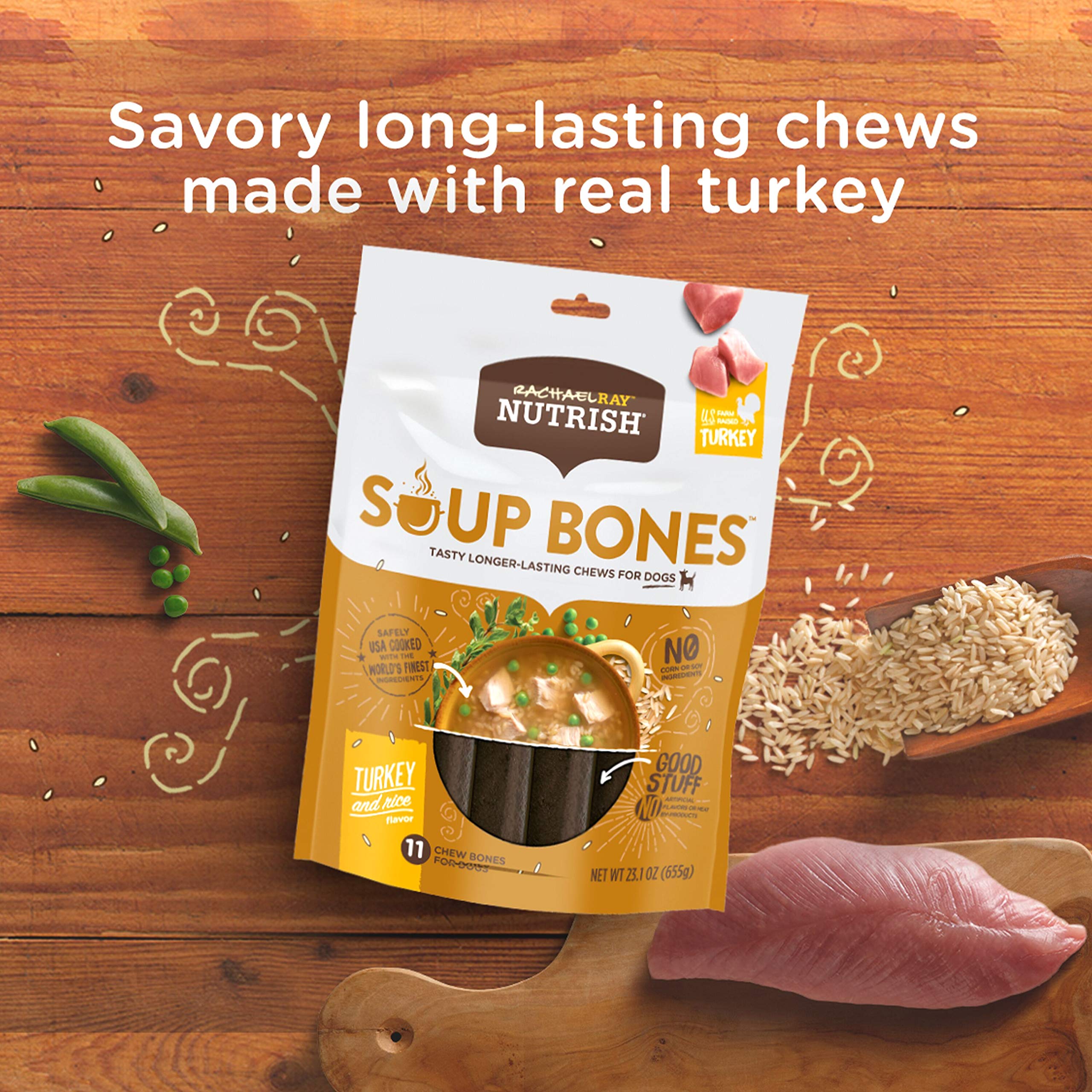 Nutrish Soup Bones avec dinde et riz, ingrédients réels pour une récompense naturelle.
