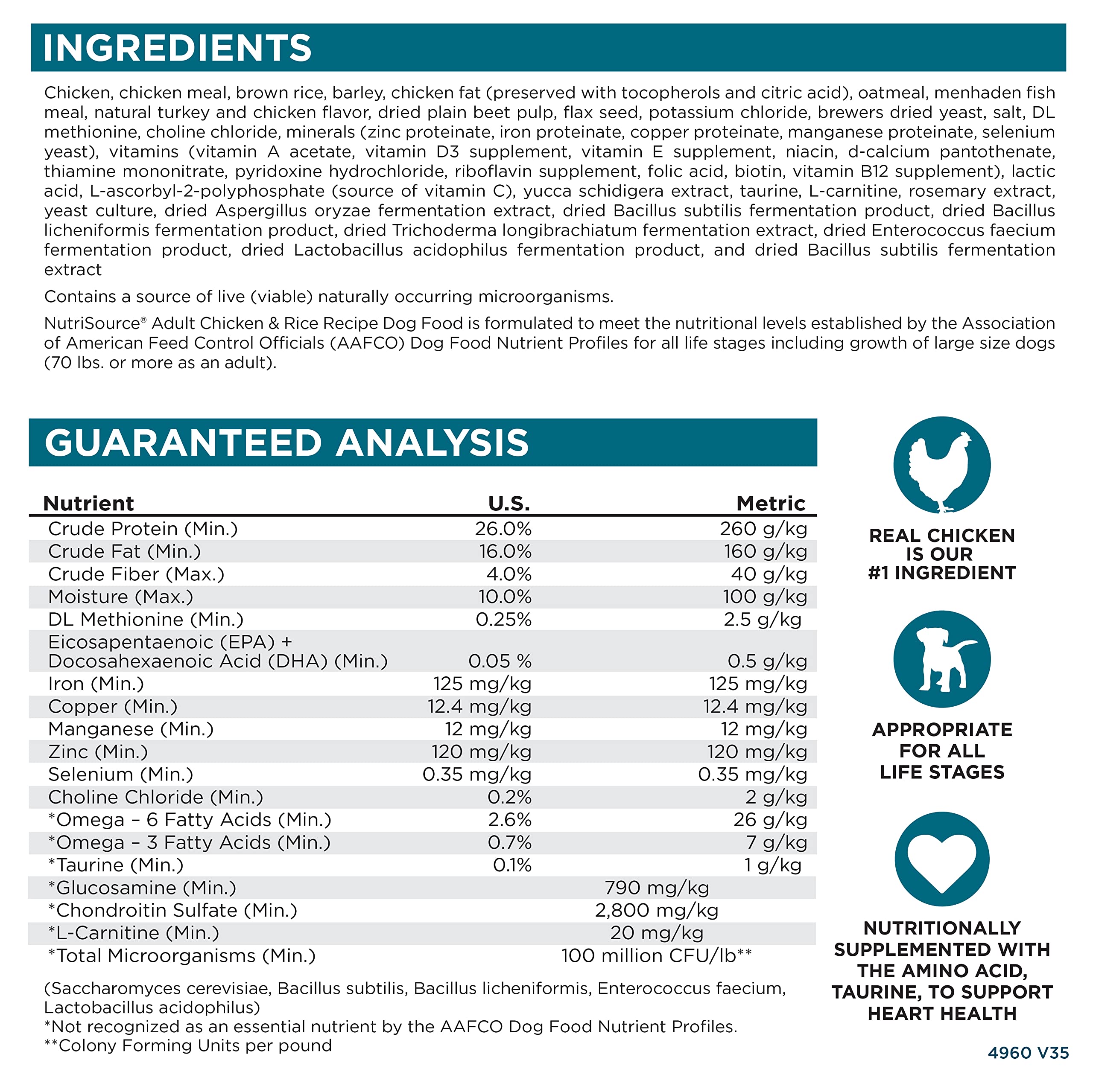 NutriSource Chien Adulte ingrédients visibles, protéines et céréales de qualité.