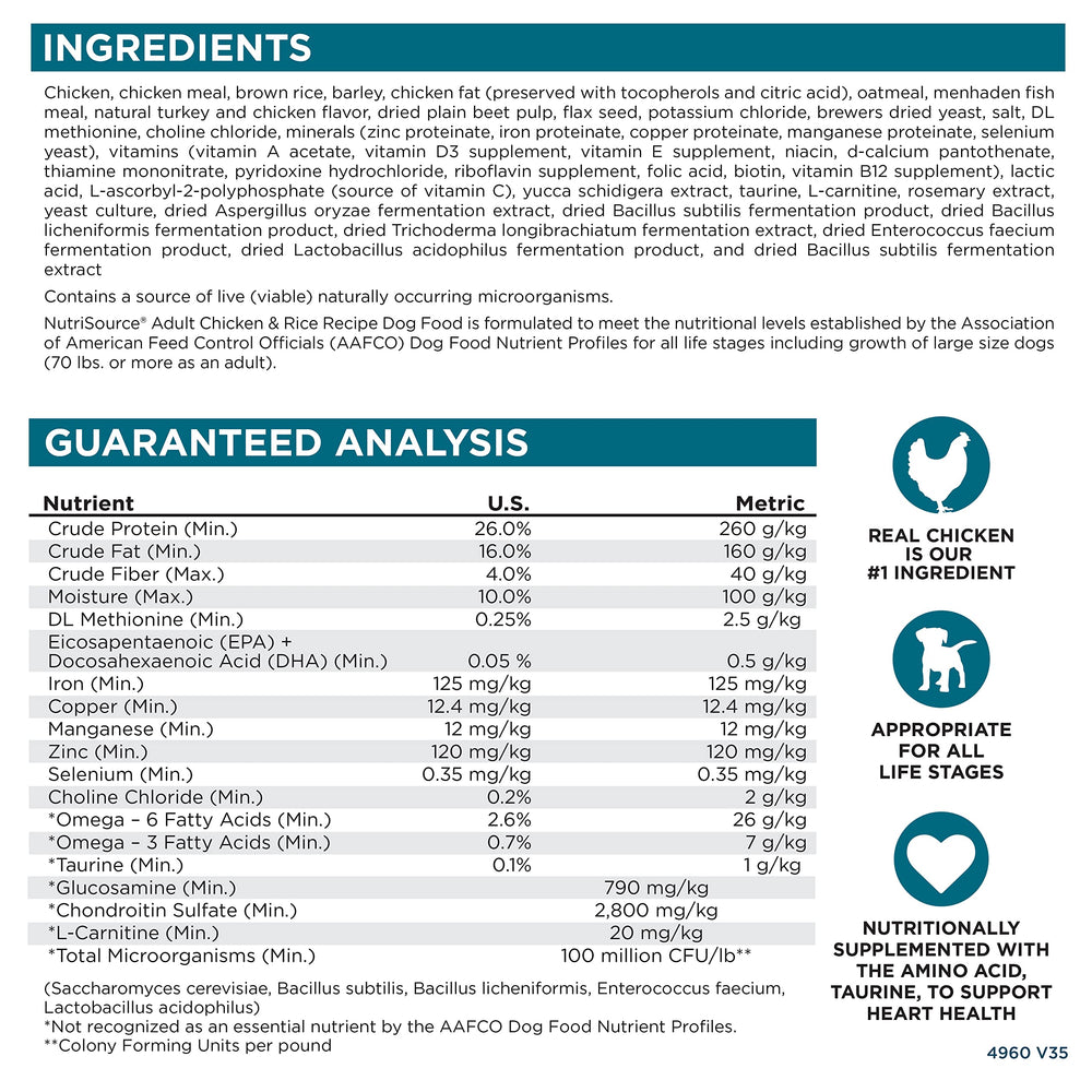 NutriSource Chien Adulte ingrédients visibles, protéines et céréales de qualité.