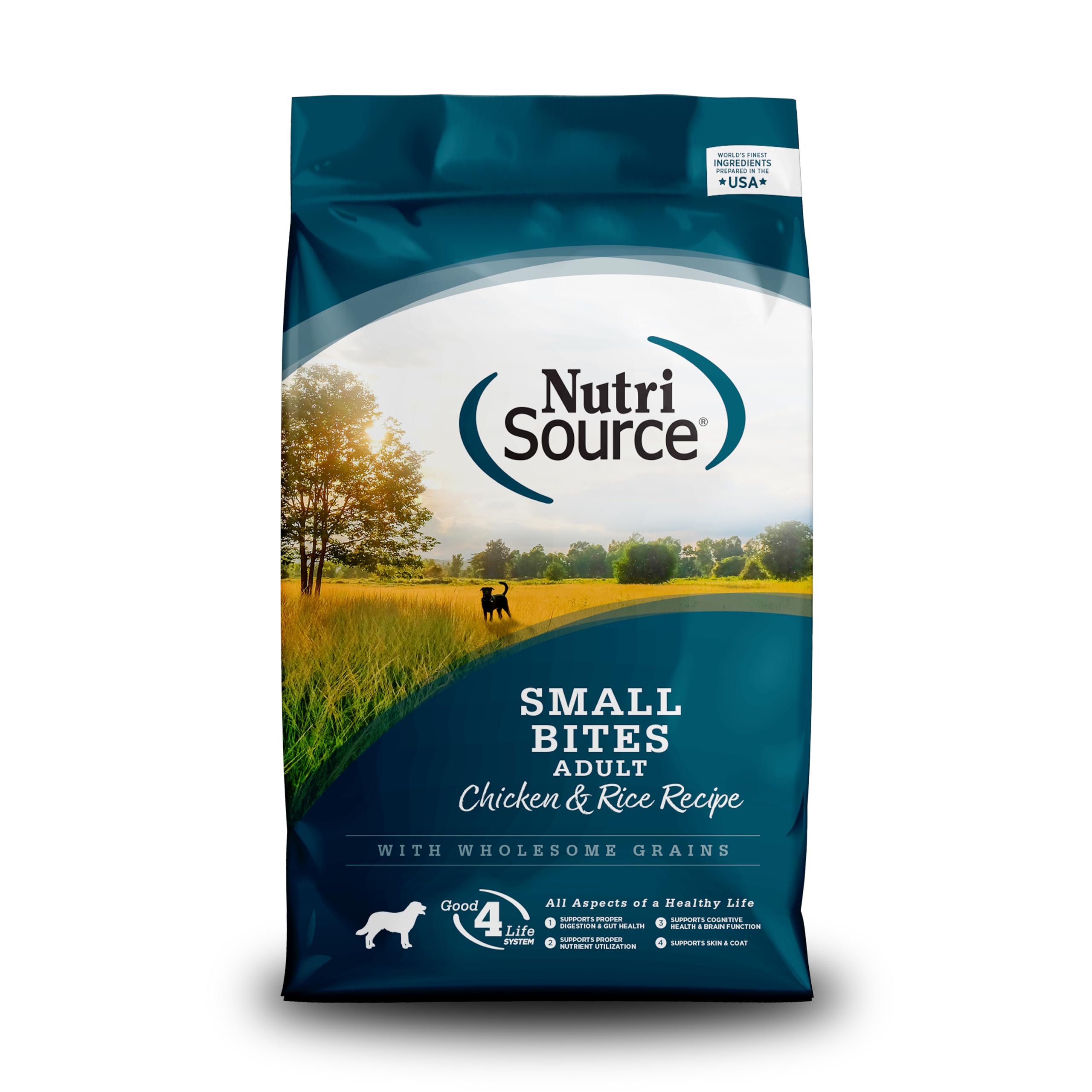 NutriSource pour chien: croquettes petites bouchées au poulet et riz, texture croustillante et repas équilibré.