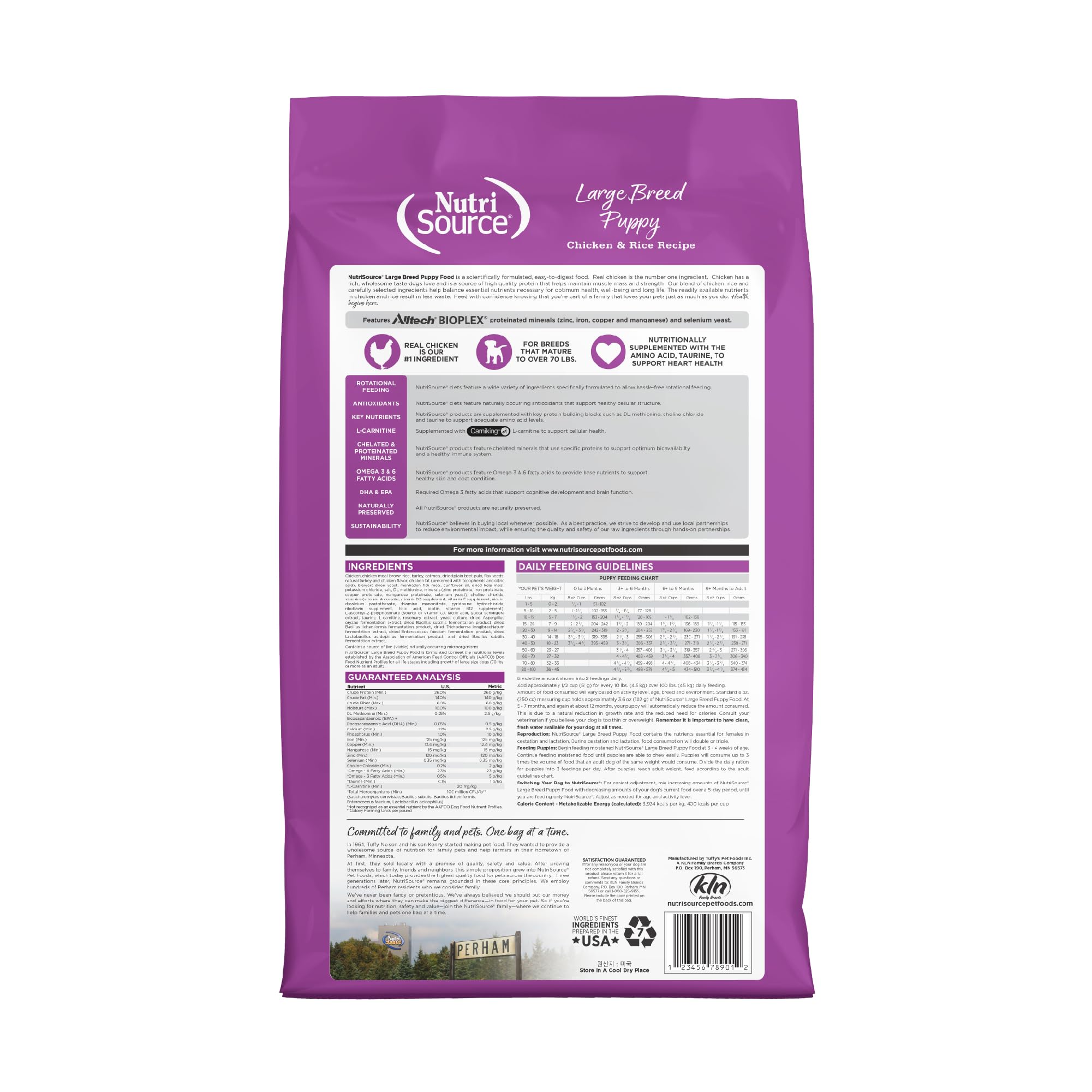 NutriSource chiots grande race ingrédients visibles, nutriments équilibrés.