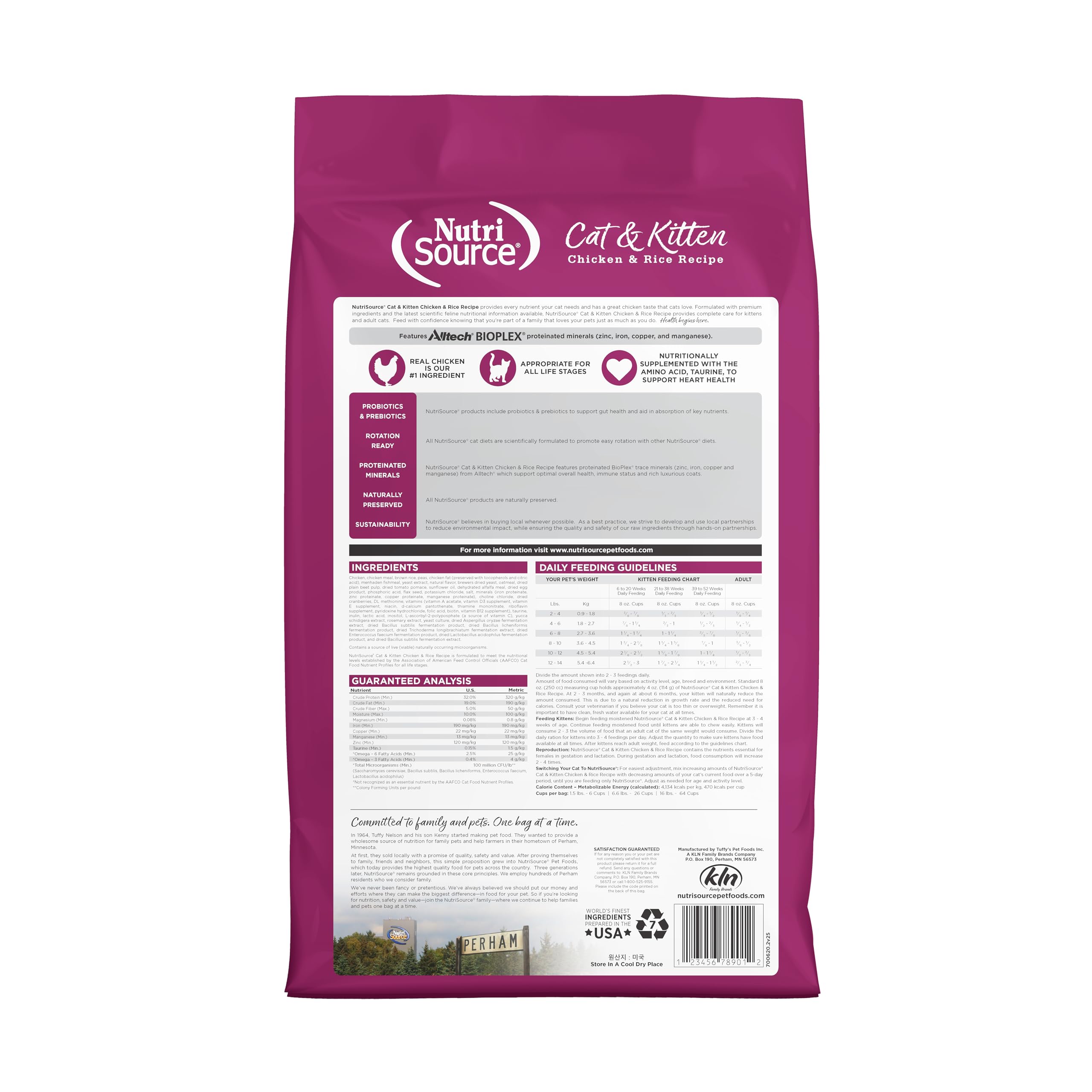 Croquettes NutriSource chat et chaton poulet-riz, texture croquante et appétence.