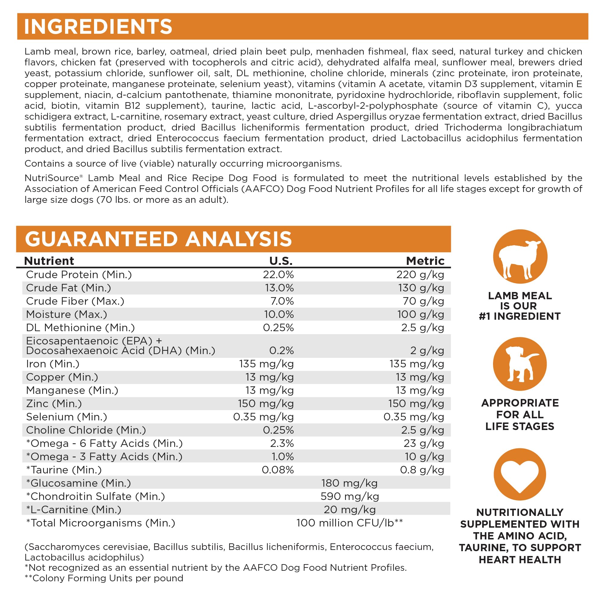 Etiquette NutriSource avec informations nutritionnelles claires.