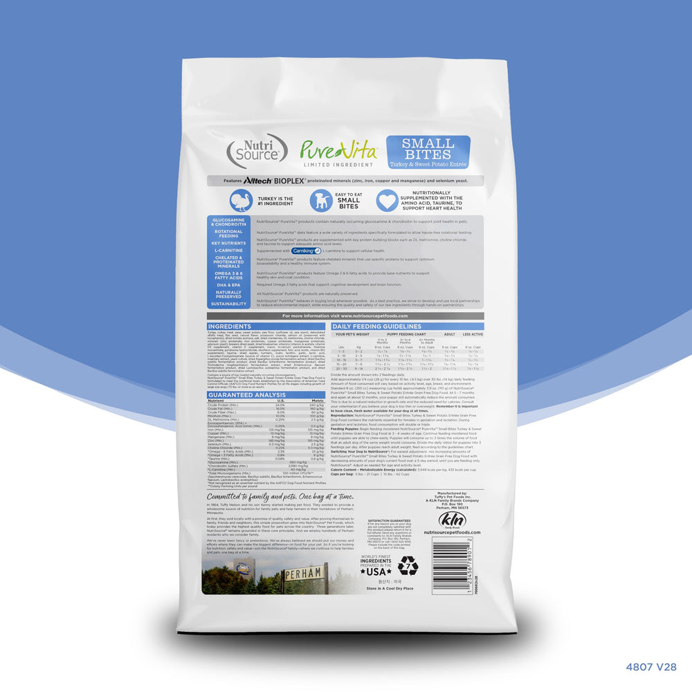 NutriSource Pure Vita, ingrédients limités, prébiotiques et probiotiques pour une digestion équilibrée.