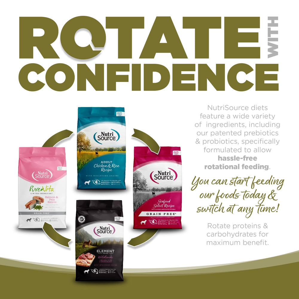 NutriSource rotation alimentation, variété de protéines pour des repas diversifiés.