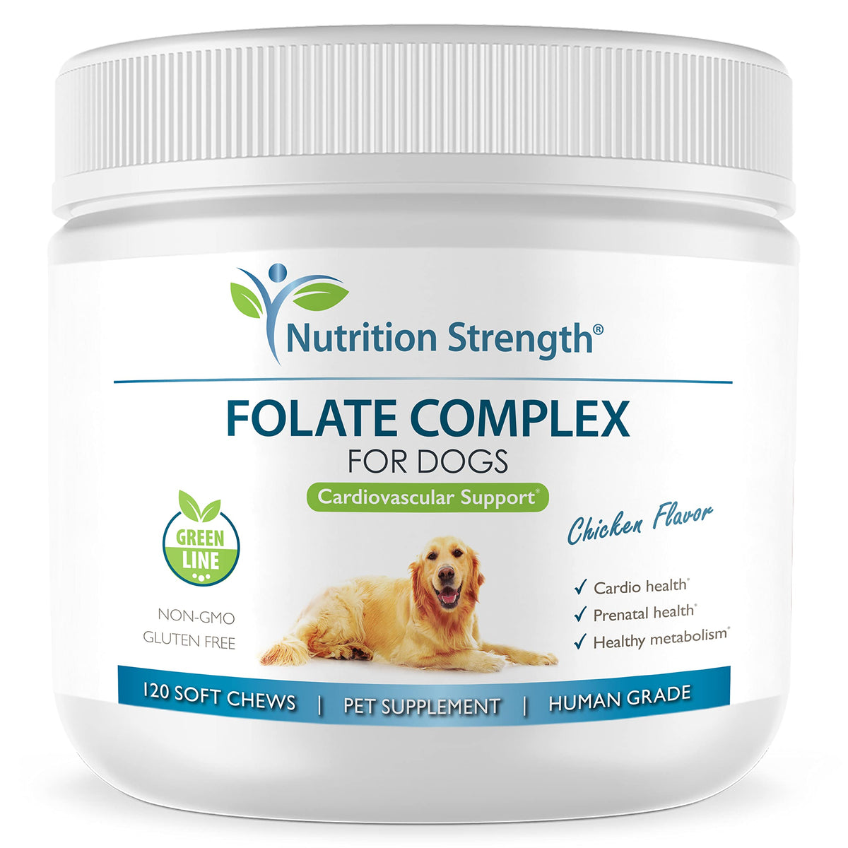 Nutrition Strength Acide folique pour chiens, emballage bouteille, apport quotidien pratique.