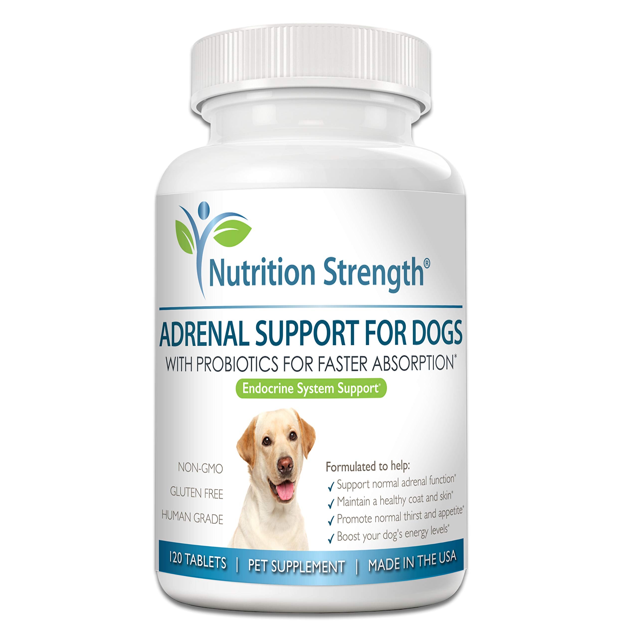 Nutrition Strength Adrenal Support pour chiens, flacon soutenant l’équilibre endocrinien.