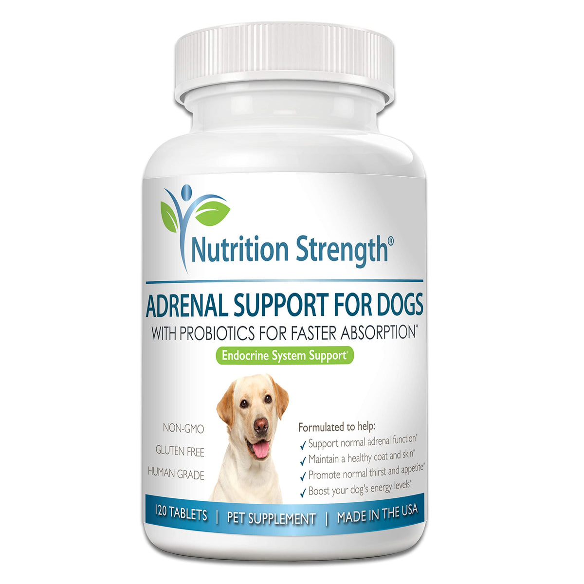 Nutrition Strength Adrenal Support pour chiens, flacon soutenant l’équilibre endocrinien.