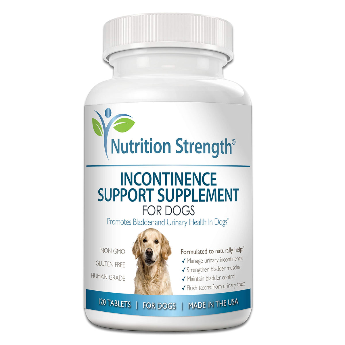 Flacon Nutrition Strength avec étiquette, soutien potentiel du contrôle urinaire chez le chien.