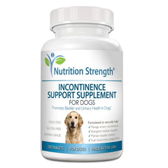 Flacon Nutrition Strength avec étiquette, soutien potentiel du contrôle urinaire chez le chien.