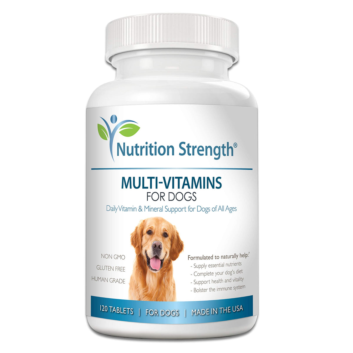 Nutrition Strength – Bouteille de comprimés masticables pour chien, soutient la vitalité au quotidien.