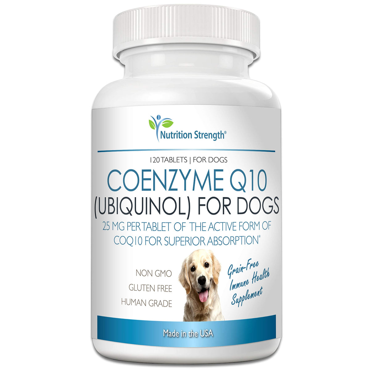 Nutrition Strength CoQ10 pour chiens — bouteille de gélules, soutien énergétique potentiel.
