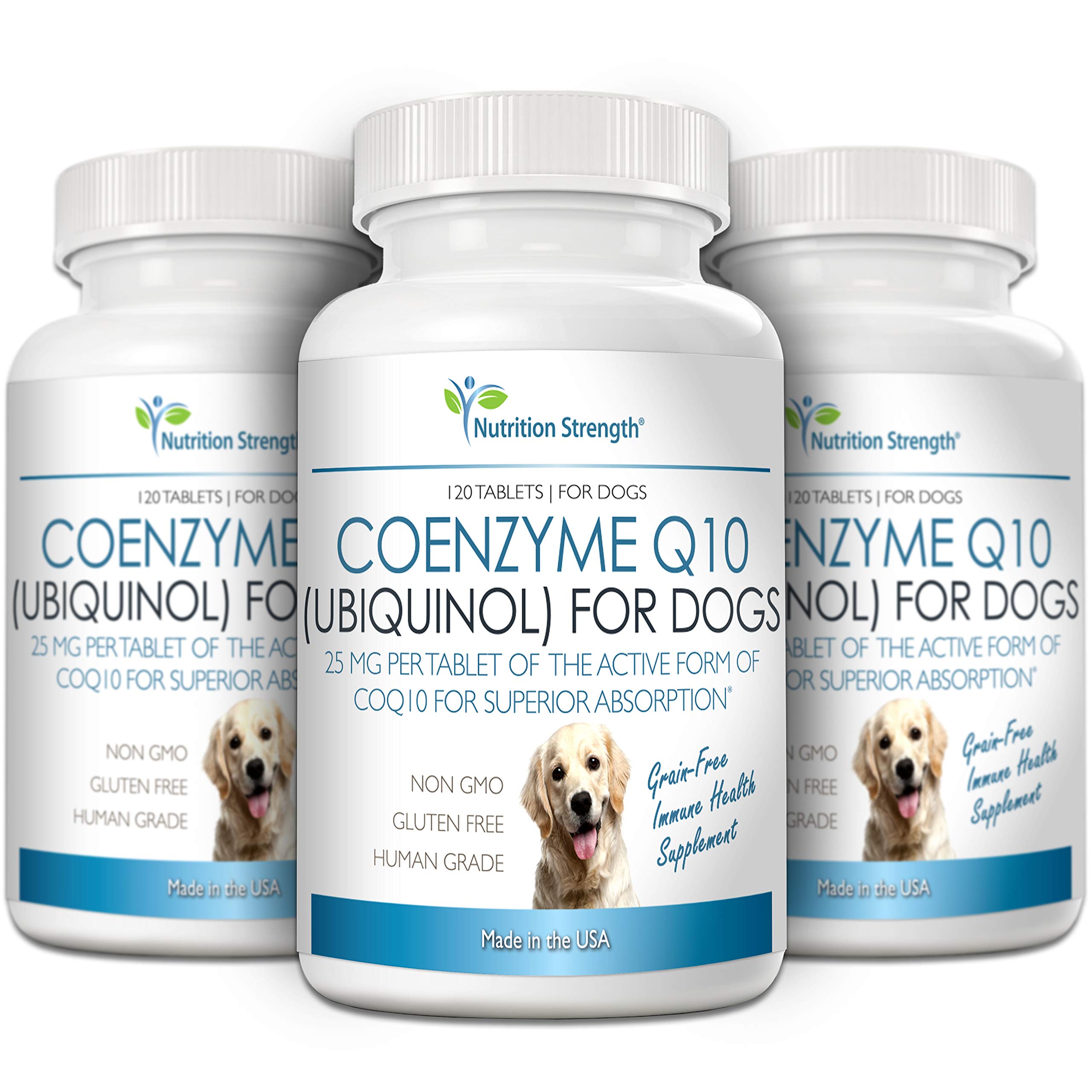 Nutrition Strength CoQ10 pour chiens — close-up sur les comprimés, soutien potentiel des organes énergétiques.