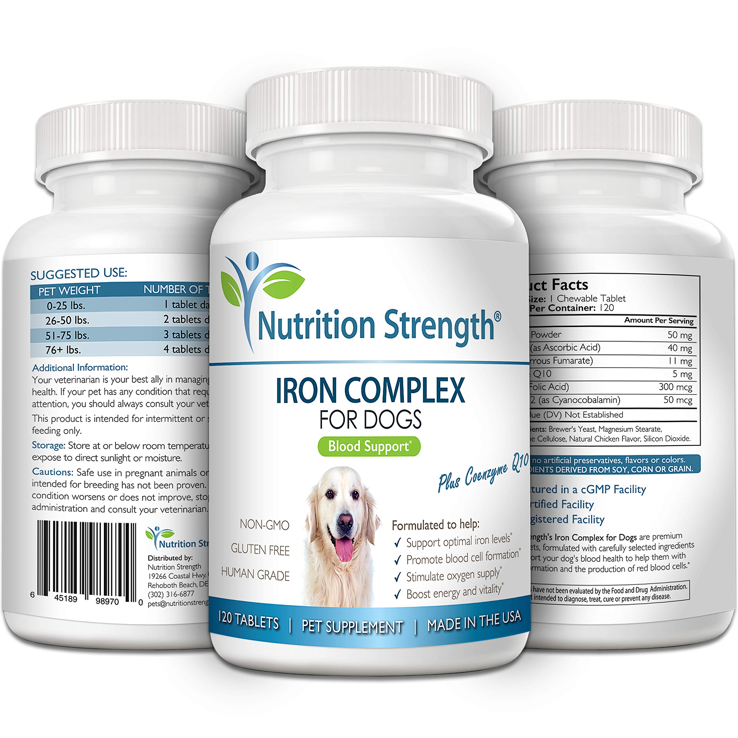 Nutrition Strength fer pour chiens de tous âges et tailles, comprimés à mâcher faciles.