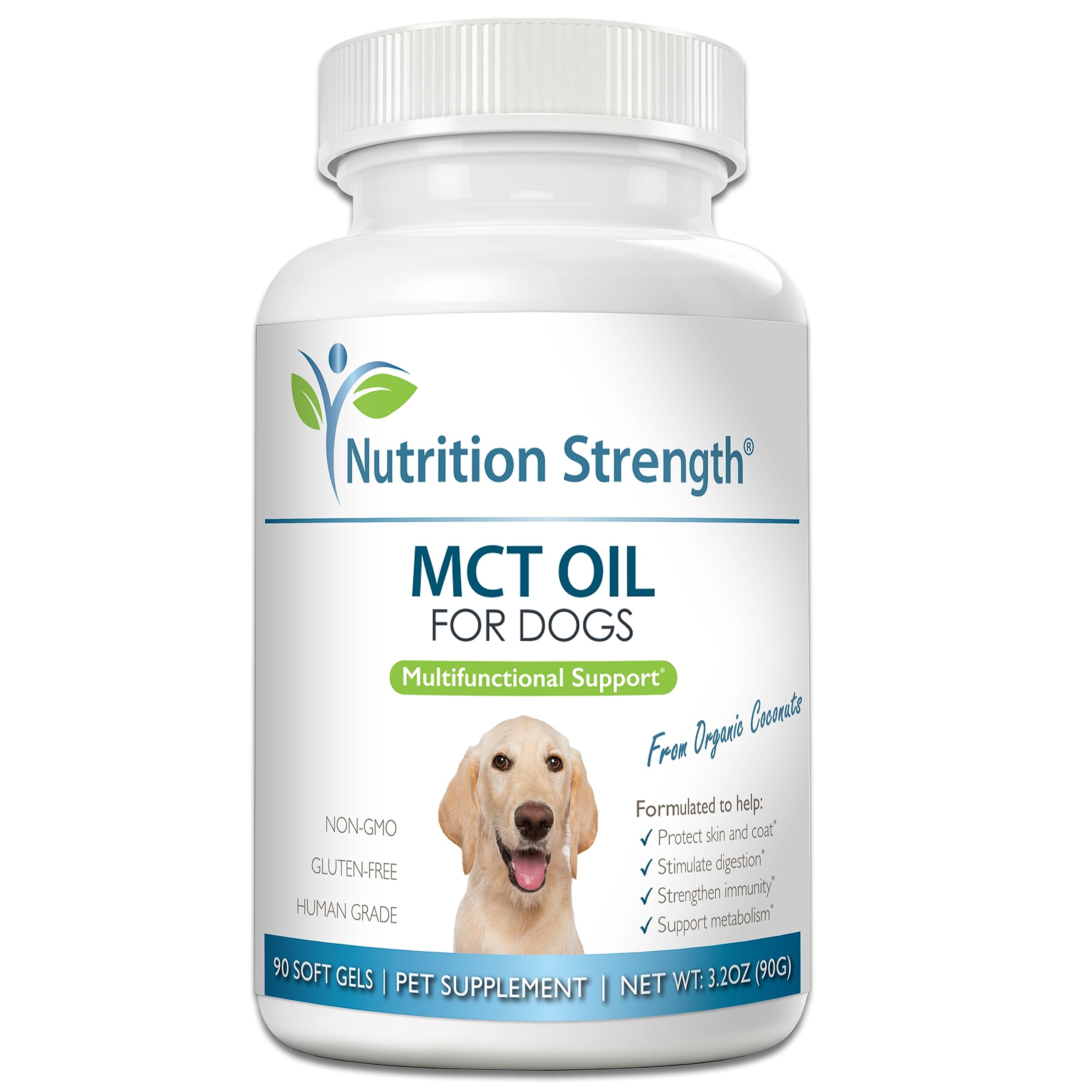 Nutrition Strength huile MCT chien – bouteille claire; soutien peau et pelage.