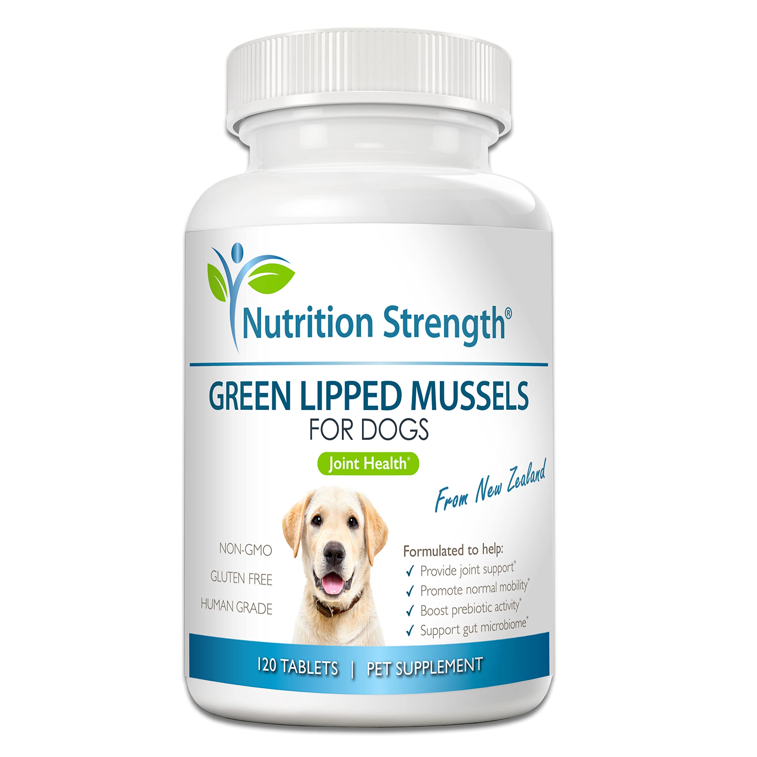 Nutrition Strength moules vertes pour chiens, bouteille pour dosage facile.