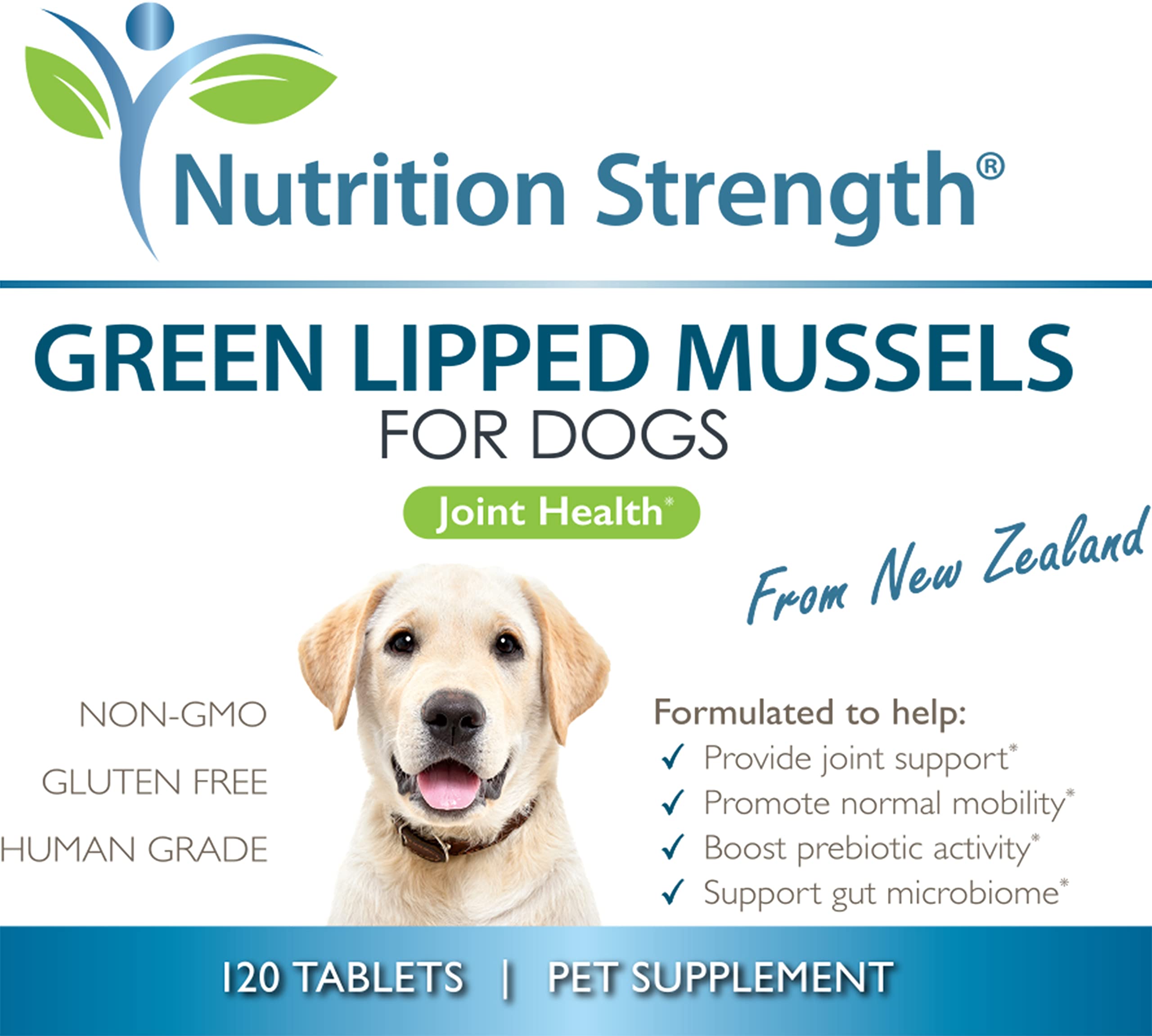 Nutrition Strength moules vertes pour chiens, emballage clair et informations utiles.