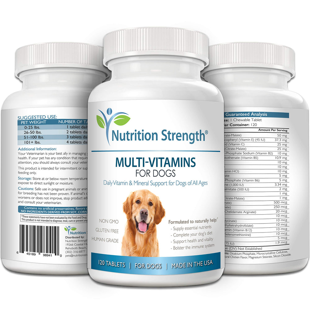 Nutrition Strength – Multivitamines chien toutes tailles, formulation pratique pour routine quotidienne.